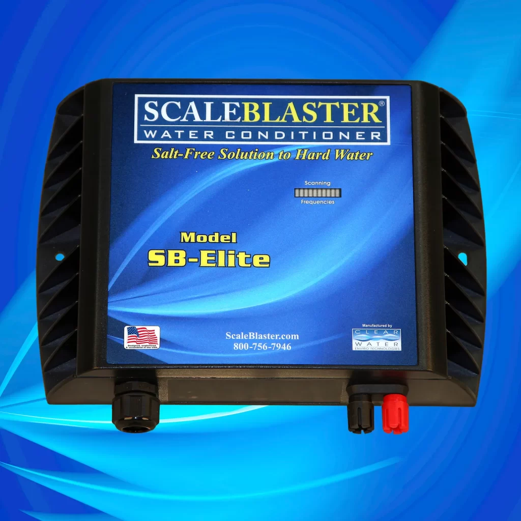 ScaleBlaster SB-Elite model on blue background, offering a salt-free solution to hard water issues.