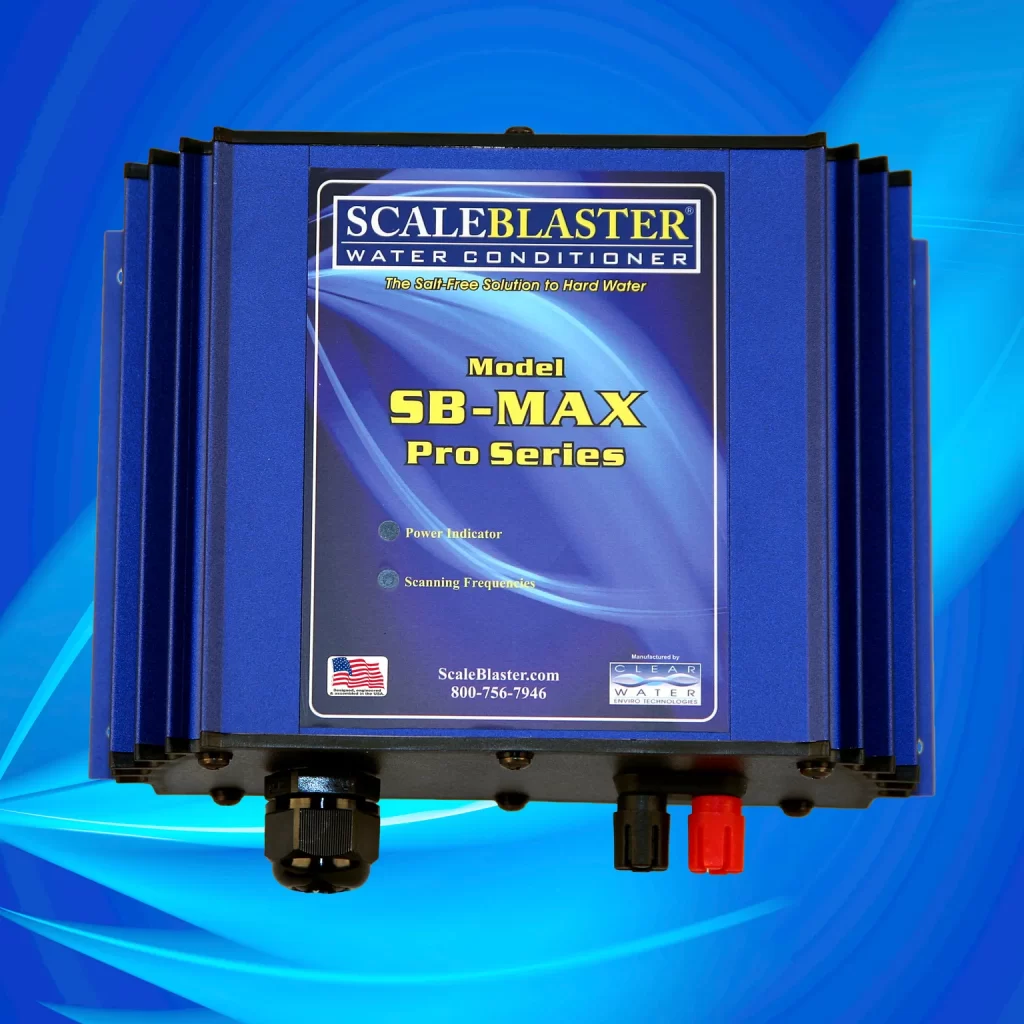 ScaleBlaster SB-MAX Pro Series unit shown on blue background, promoting salt-free water treatment.