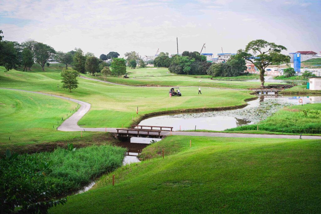 Golf course with river and bridge