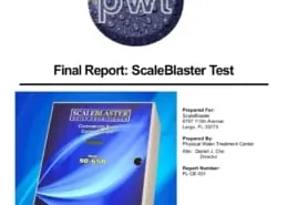 Final report cover showing ScaleBlaster test results by PWT for water scale prevention performance.