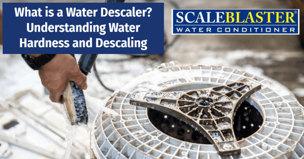 Industrial water processing equipment with text reading “Understanding water Hardness and Descaling” and “ScaleBlaster Water Conditioner”.